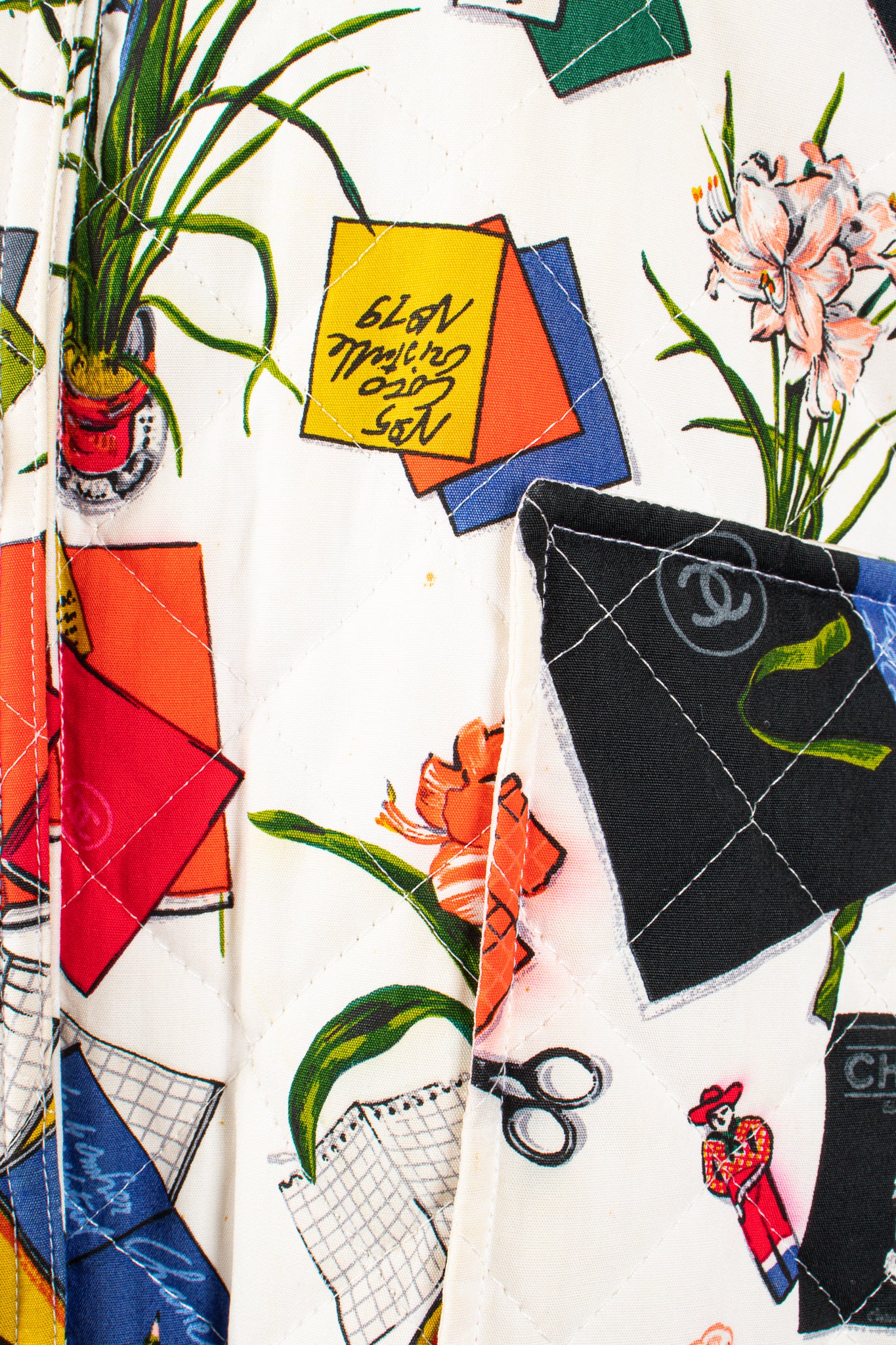 Vintage Chanel 1986 Atelier Illustration Quilted Bomber Jacket pocket spots @ Recess LA