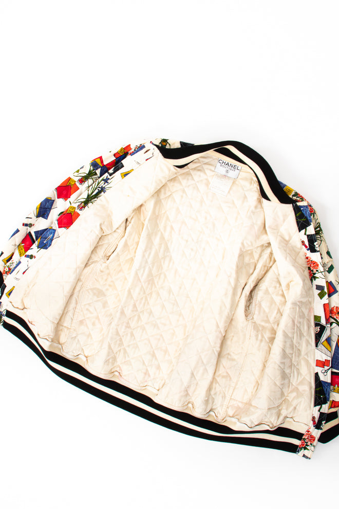 Vintage Chanel 1986 Atelier Illustration Quilted Bomber Jacket flat lining @ Recess LA