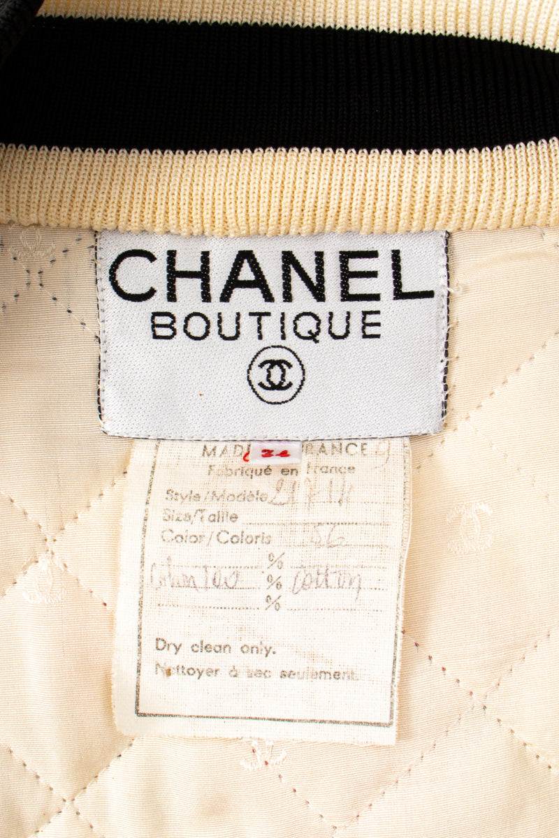 Vintage Chanel 1986 Atelier Illustration Quilted Bomber Jacket label @ Recess LA