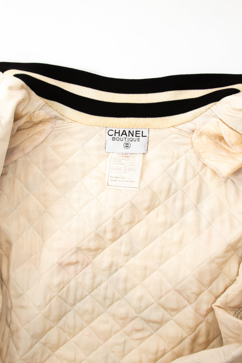 Vintage Chanel 1986 Atelier Illustration Quilted Bomber Jacket flat lining @ Recess LA