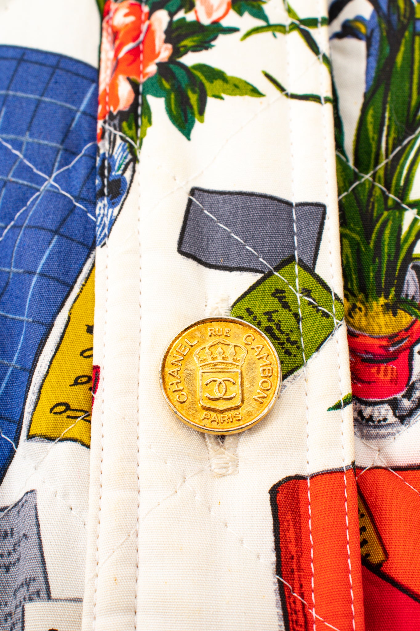 Vintage Chanel 1986 Atelier Illustration Quilted Bomber Jacket button @ Recess LA