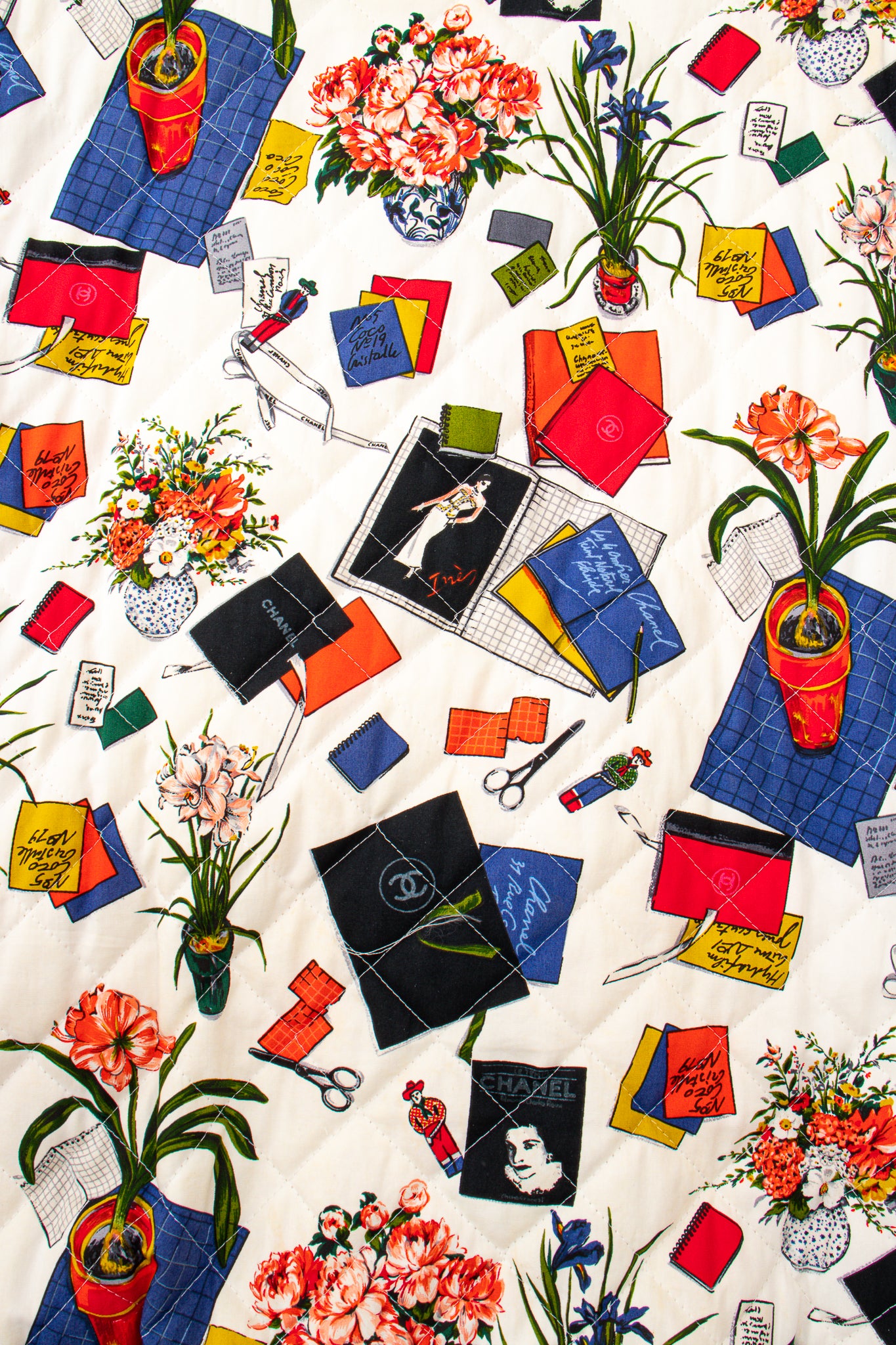 Vintage Chanel 1986 Atelier Illustration Quilted Bomber Jacket print @ Recess LA