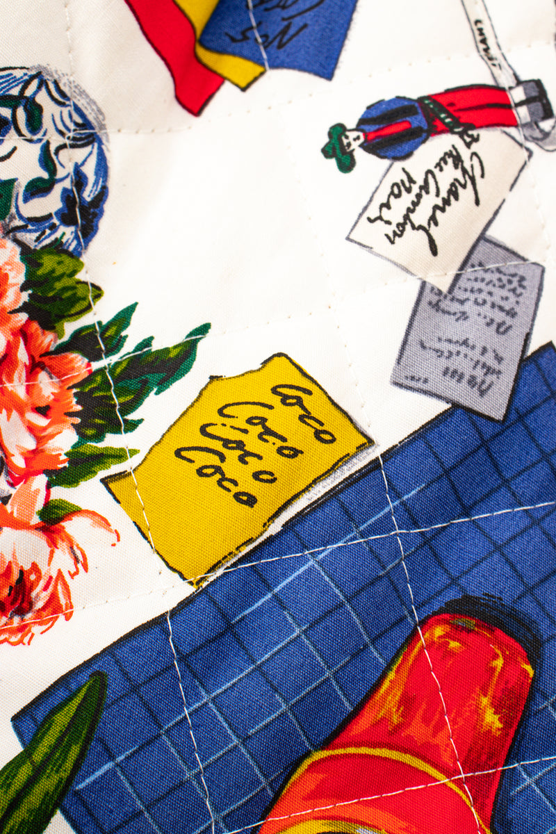Vintage Chanel 1986 Atelier Illustration Quilted Bomber Jacket print detail @ Recess LA