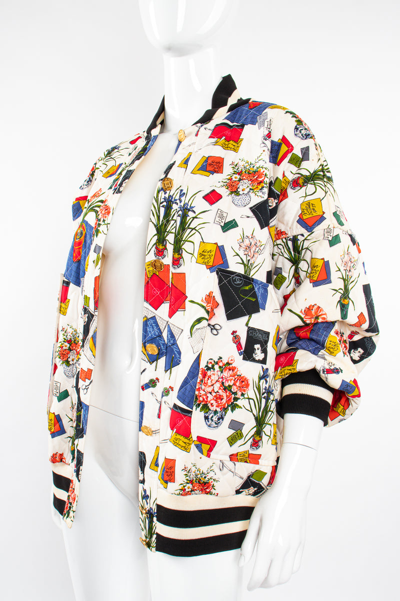 Vintage Chanel 1986 Atelier Illustration Quilted Bomber Jacket on Mannequin front angle @ Recess LA