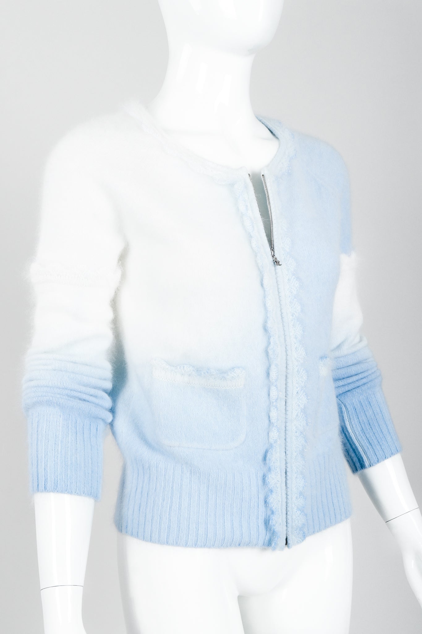 Vintage Chanel Ombré Cloud Mohair Cardigan Sweater on Mannequin angled at Recess Los Angeles