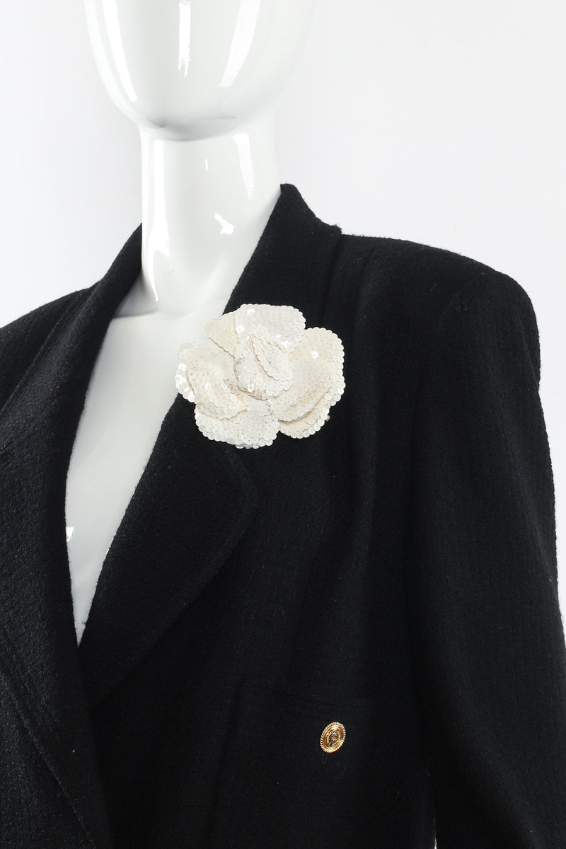 Vintage 1985 Ivory Sequin Camellia Flower Pin on mannequin angle @ Recess LA