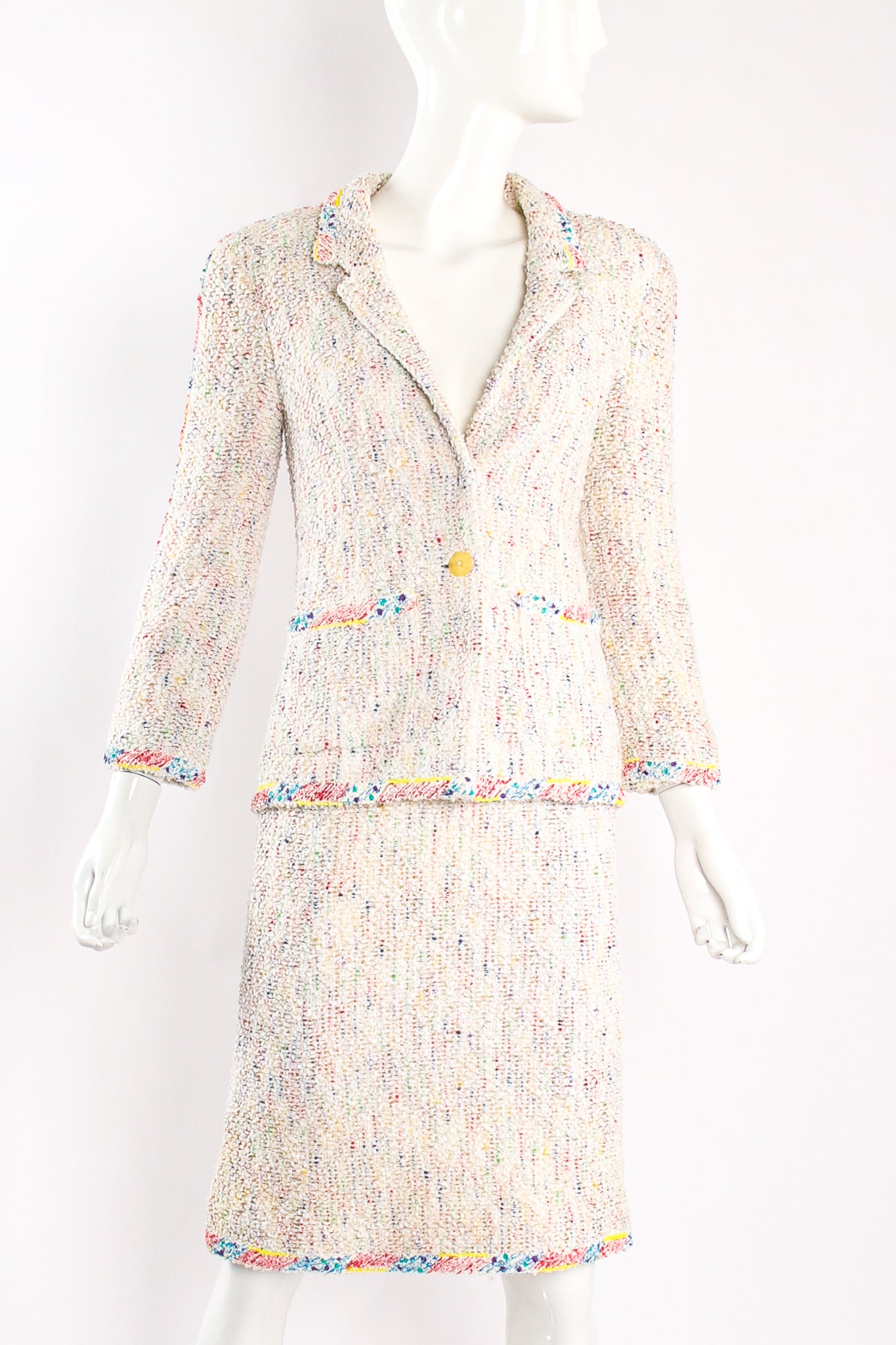 Vintage Chanel 1999P Rainbow Terrazzo Tweed Jacket & Skirt Set on Mannequin crop at Recess LA