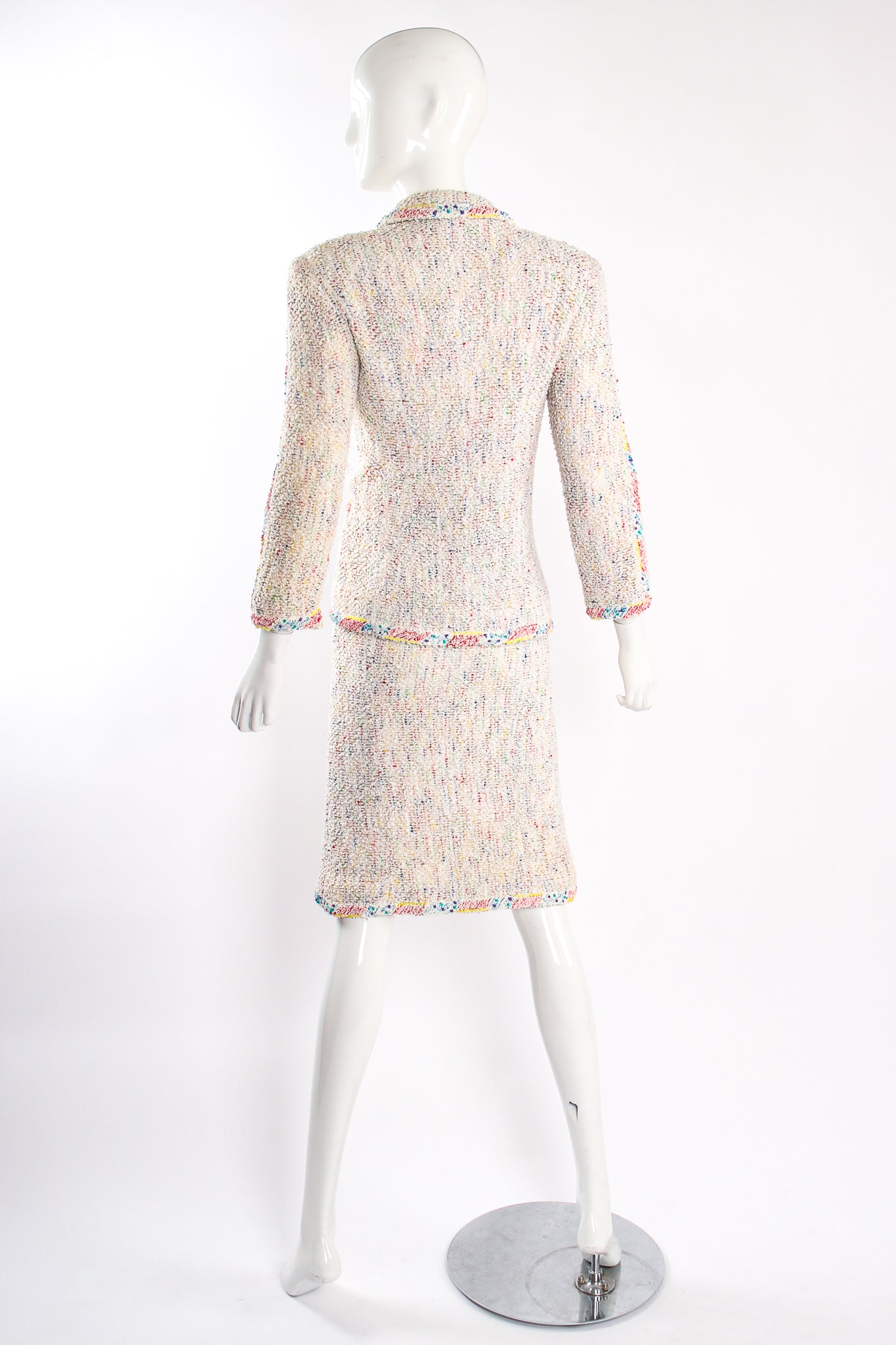 Vintage Chanel 1999P Rainbow Terrazzo Tweed Jacket & Skirt Set on Mannequin back at Recess LA
