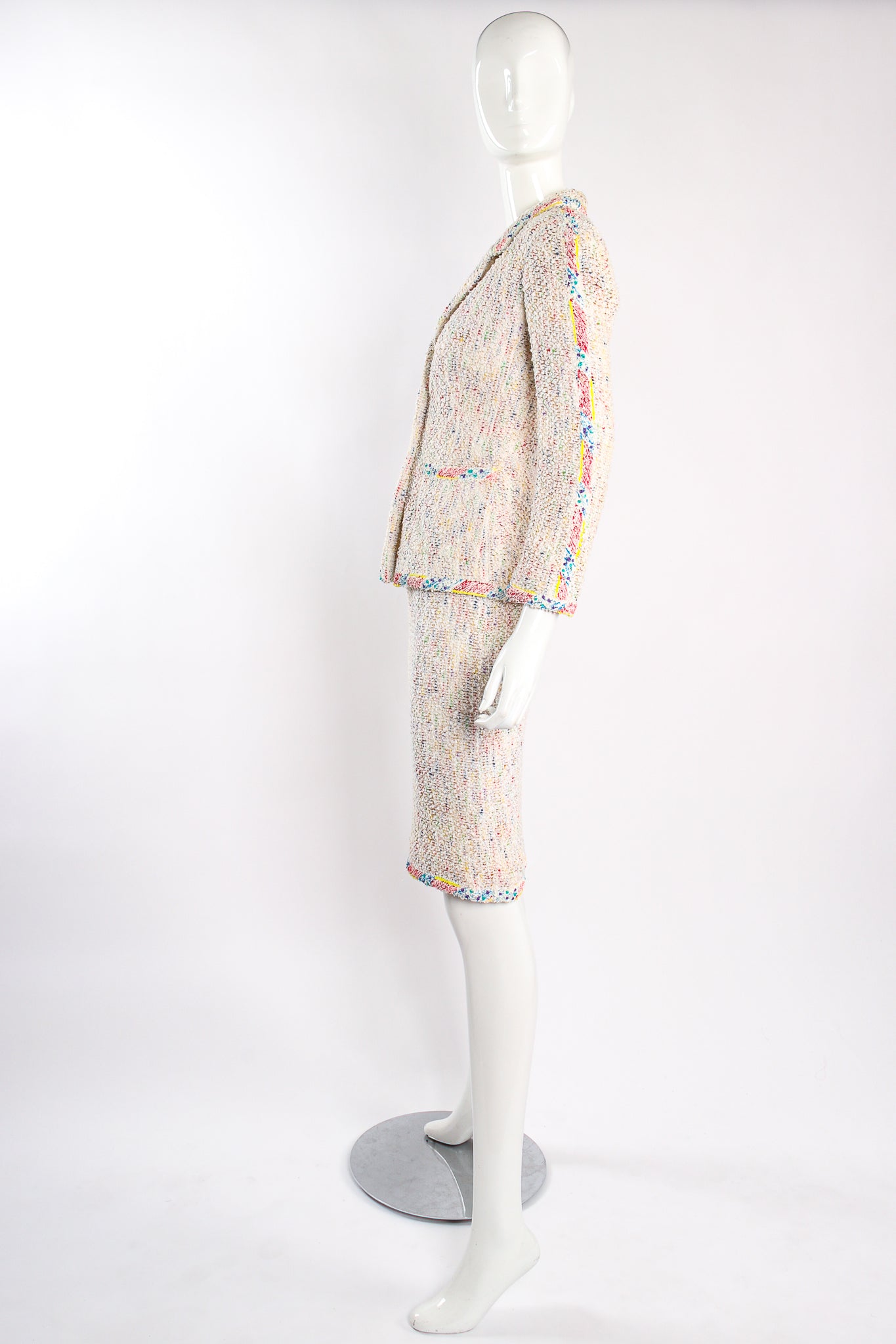 Vintage Chanel 1999P Rainbow Terrazzo Tweed Jacket & Skirt Set on Mannequin side at Recess LA