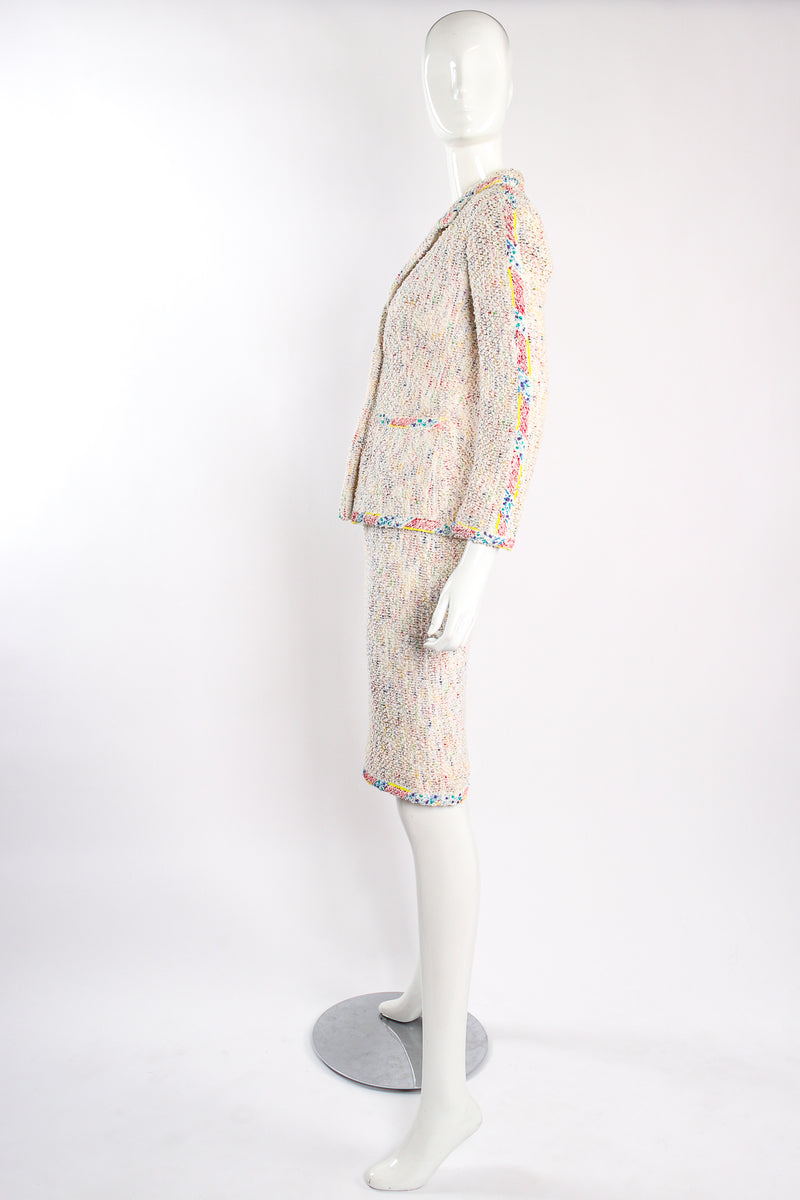 Vintage Chanel 1999P Rainbow Terrazzo Tweed Jacket & Skirt Set on Mannequin side at Recess LA