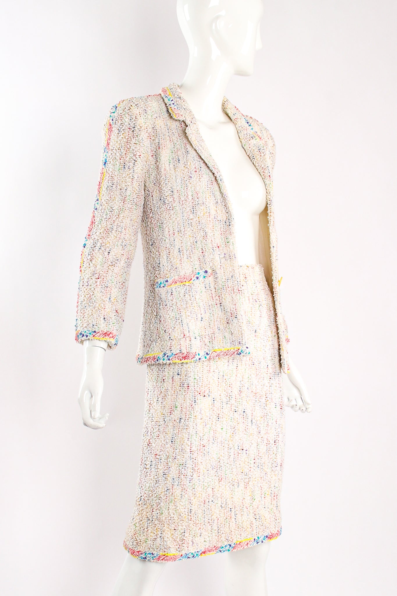 Vintage Chanel 1999P Rainbow Terrazzo Tweed Jacket & Skirt Set on Mannequin open at Recess LA