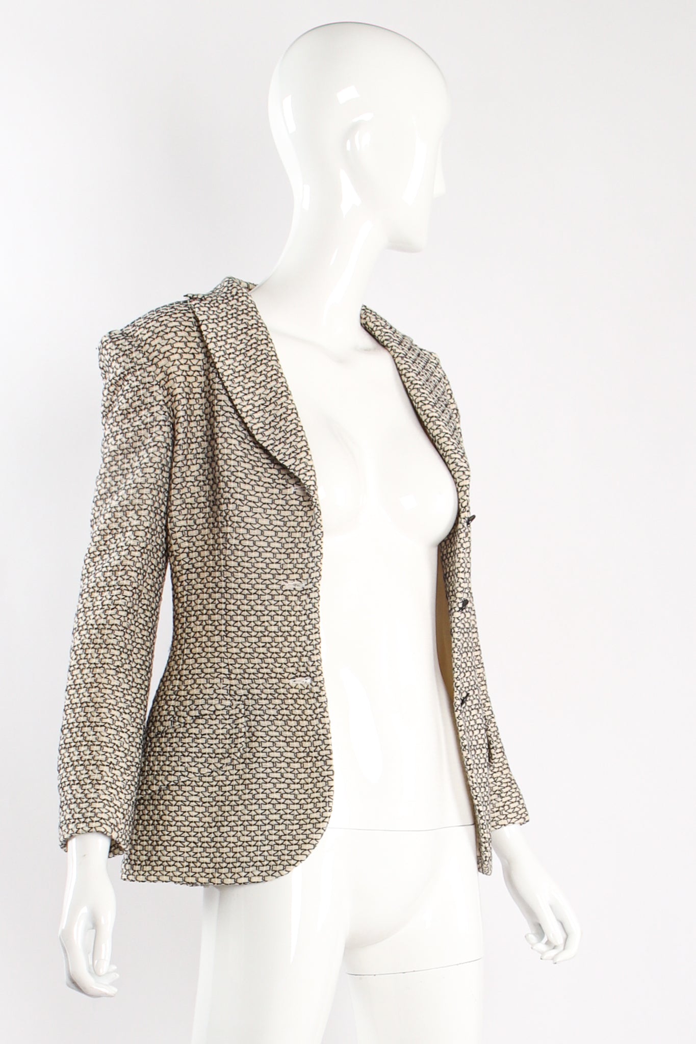 Vintage Chanel 1998P Geo Embroidered Jacket Suit on mannequin open at Recess Los Angeles