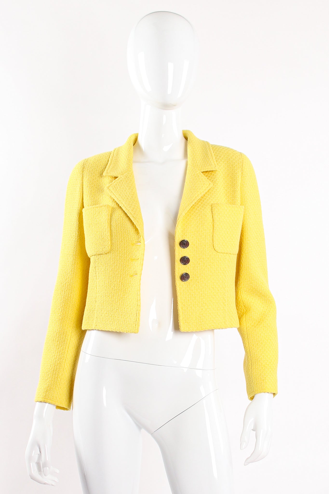 Vintage Chanel Yellow Basketweave Tweed Shrunken Jacket on Mannequin open at Recess Los Angeles