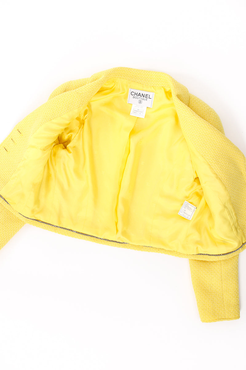 Vintage Chanel Yellow Basketweave Tweed Shrunken Jacket lining at Recess Los Angeles