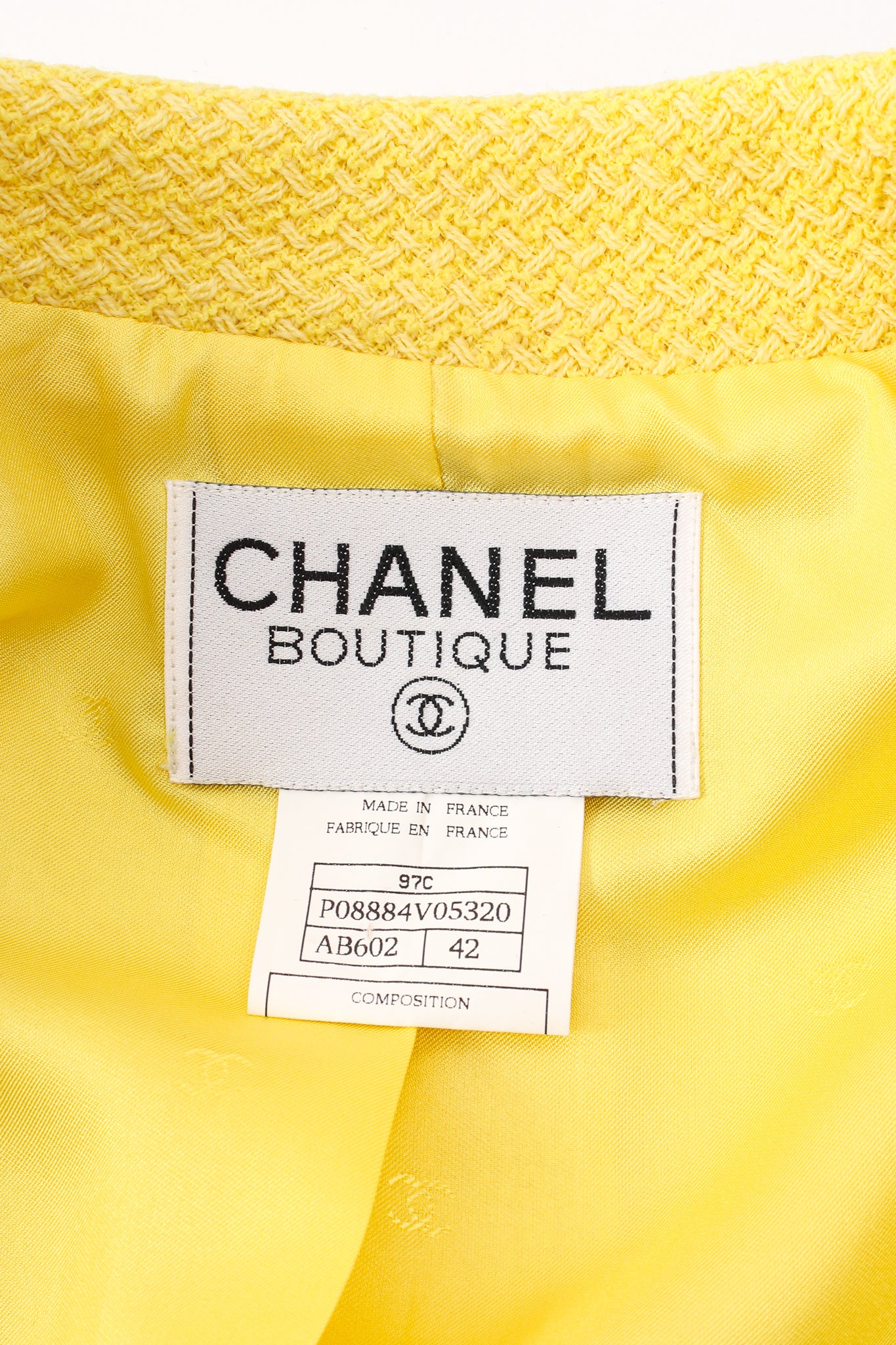 Vintage Chanel Yellow Basketweave Tweed Shrunken Jacket label at Recess Los Angeles