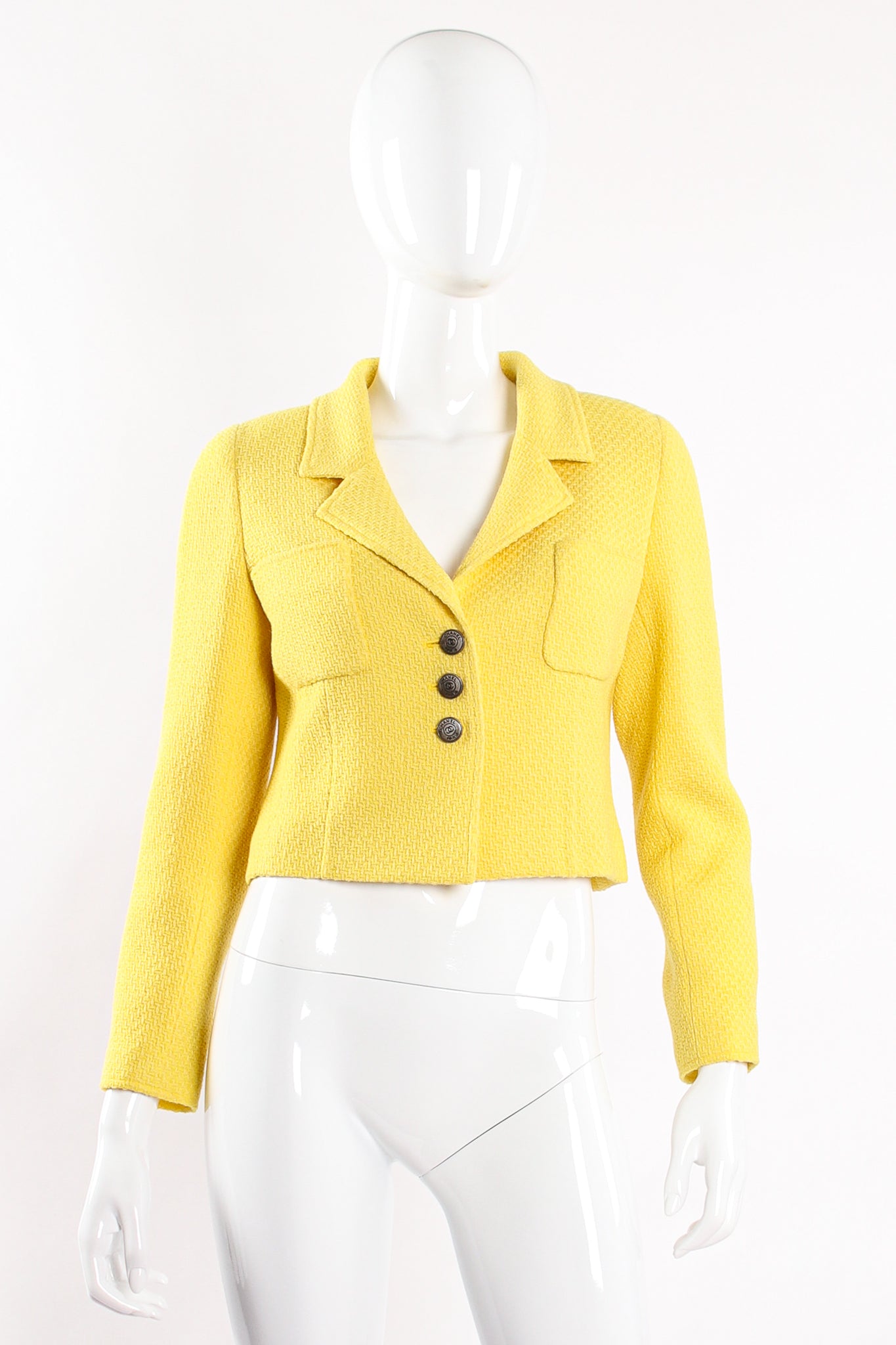 Vintage Chanel Yellow Basketweave Tweed Shrunken Jacket on Mannequin front at Recess Los Angeles