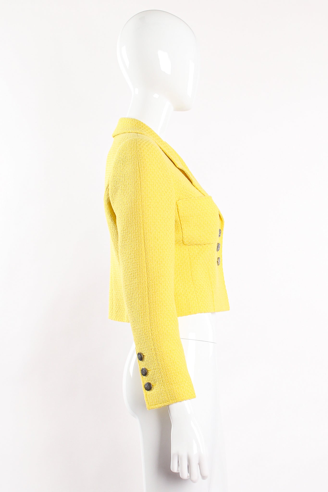 Vintage Chanel Yellow Basketweave Tweed Shrunken Jacket on Mannequin side at Recess Los Angeles