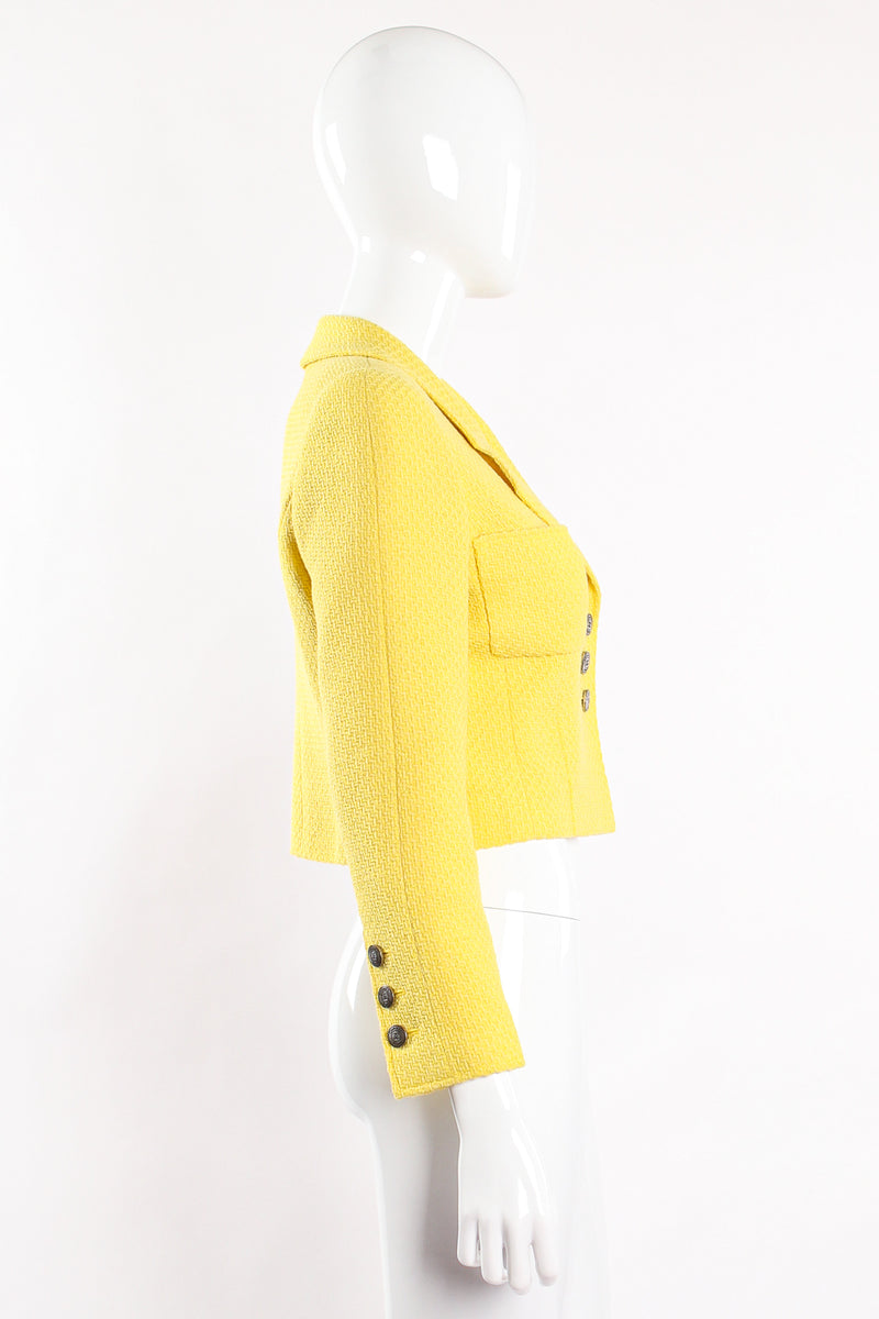Vintage Chanel Yellow Basketweave Tweed Shrunken Jacket on Mannequin side at Recess Los Angeles