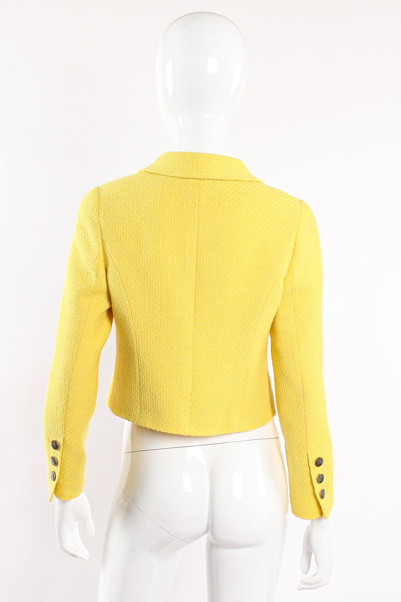 Vintage Chanel Yellow Basketweave Tweed Shrunken Jacket on Mannequin back at Recess Los Angeles