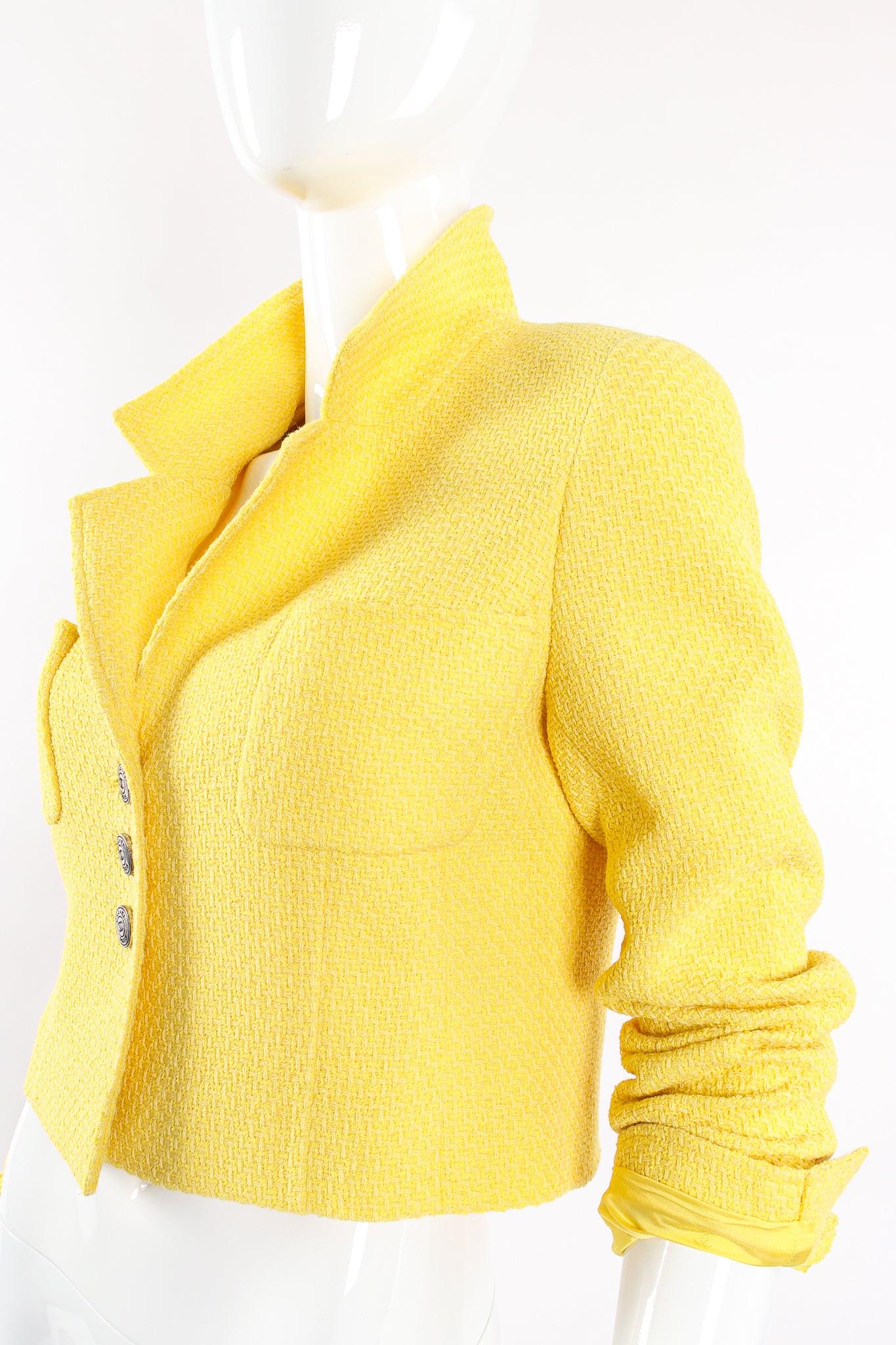 Vintage Chanel Yellow Basketweave Tweed Shrunken Jacket on Mannequin collar at Recess Los Angeles