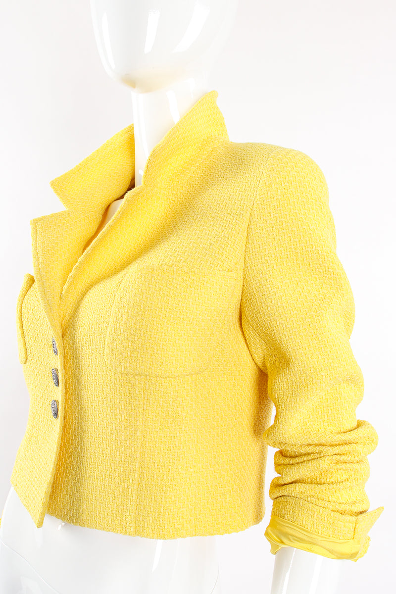Vintage Chanel Yellow Basketweave Tweed Shrunken Jacket on Mannequin collar at Recess Los Angeles