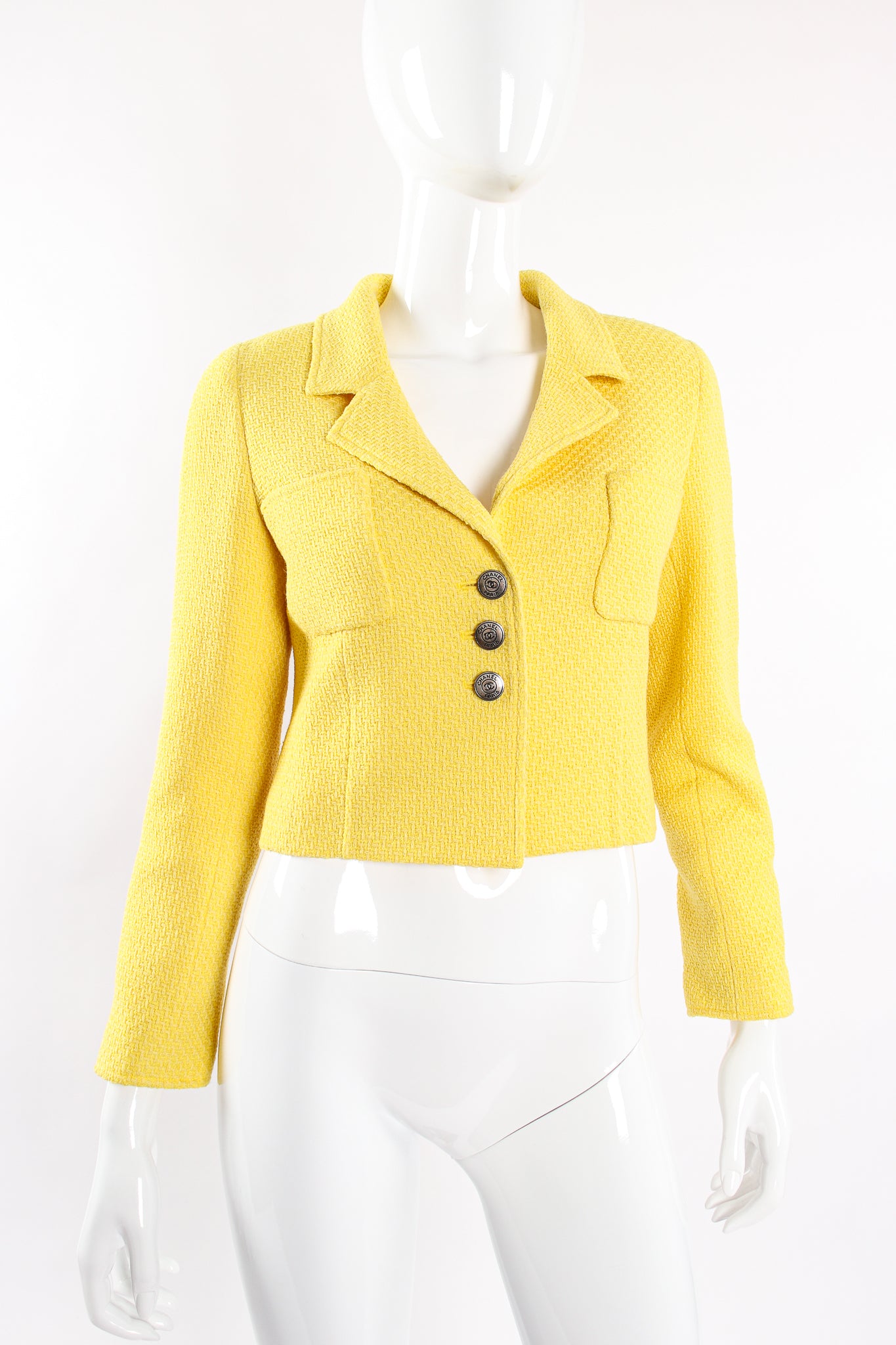 Vintage Chanel Yellow Basketweave Tweed Shrunken Jacket on Mannequin front at Recess Los Angeles
