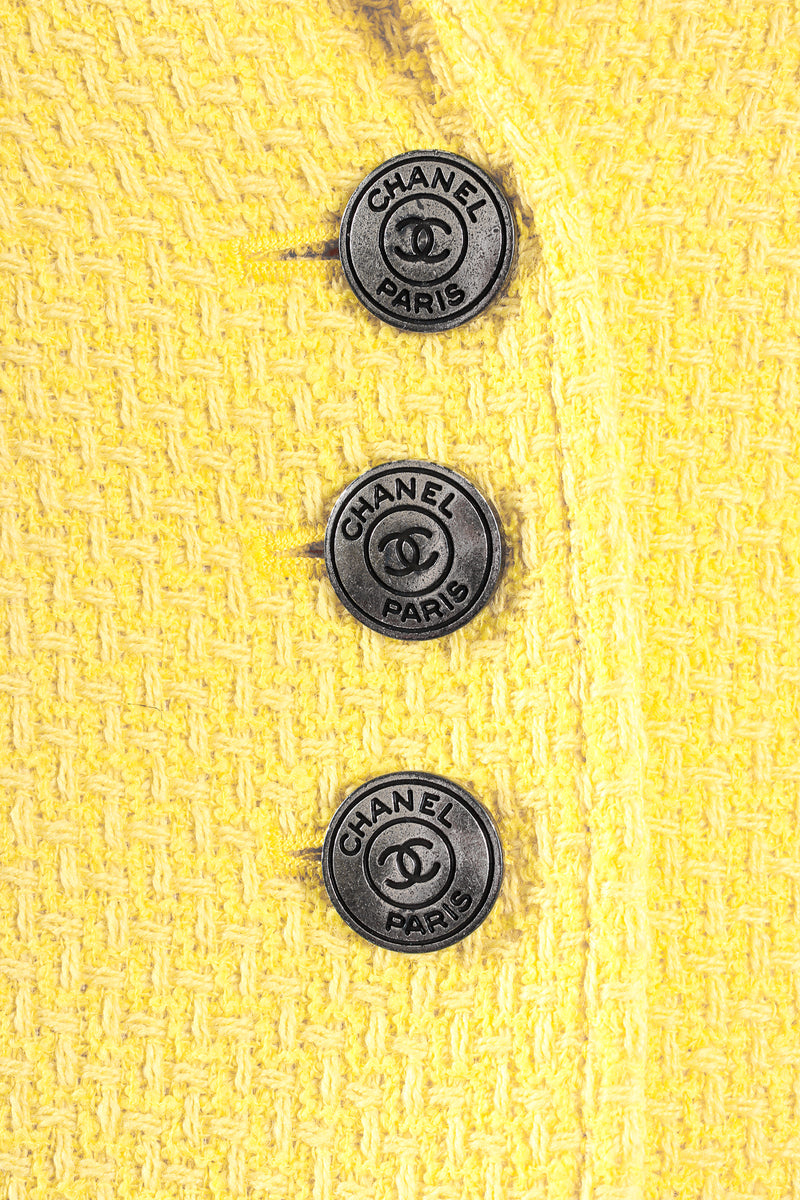 CHANEL Vintage CC Logo Stripe Button Up Shirt Top Blue Yellow