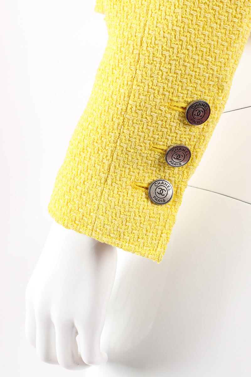 Vintage Chanel Yellow Basketweave Tweed Shrunken Jacket sleeve cuff at Recess Los Angeles