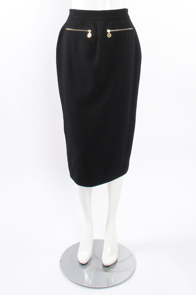 Vintage Chanel CC Logo Zipper Boucle Midi Skirt on Mannequin front at Recess Los Angeles