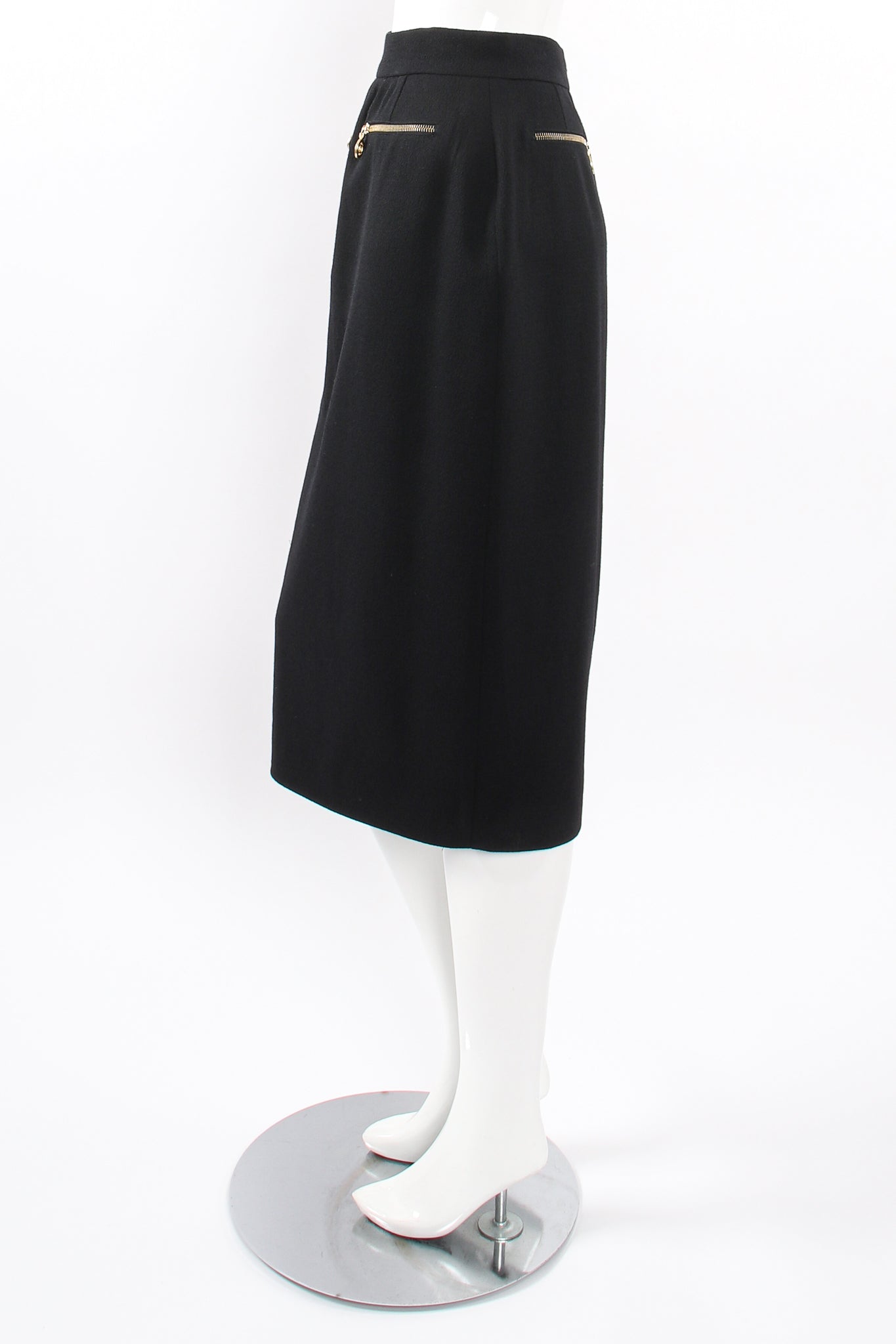 Vintage Chanel CC Logo Zipper Boucle Midi Skirt on Mannequin side at Recess Los Angeles