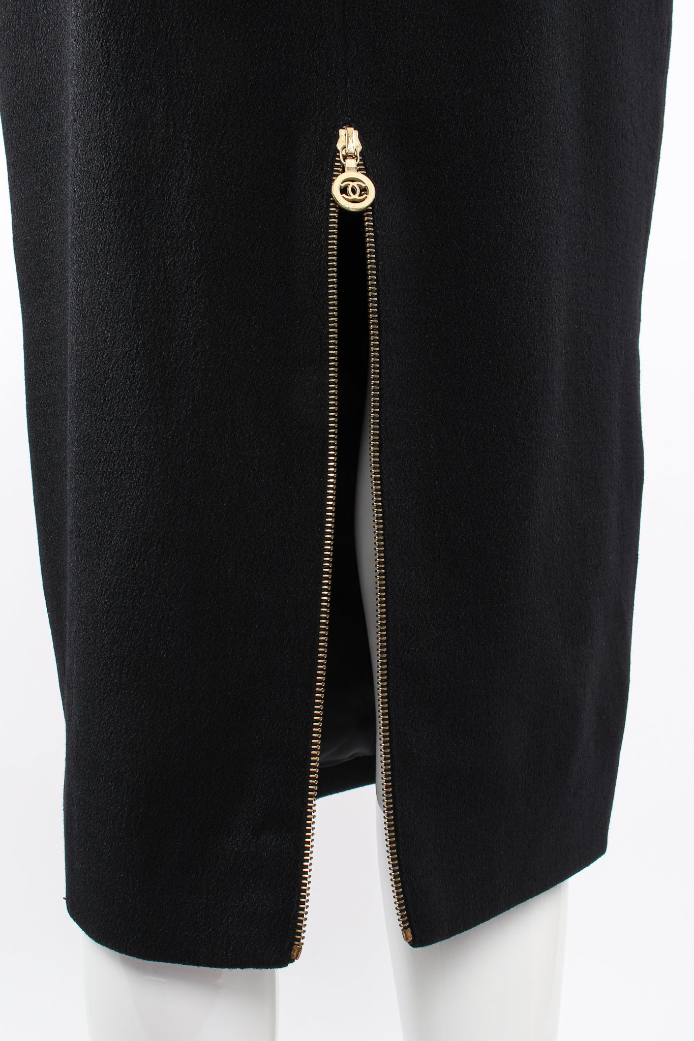 Vintage Chanel CC Logo Zipper Boucle Midi Skirt on Mannequin back zip at Recess Los Angeles