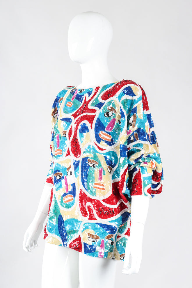 Recess Los Angeles Designer Consignment Vintage Chanson D'Amour Abstract Sequined Faces Dolman Tunic