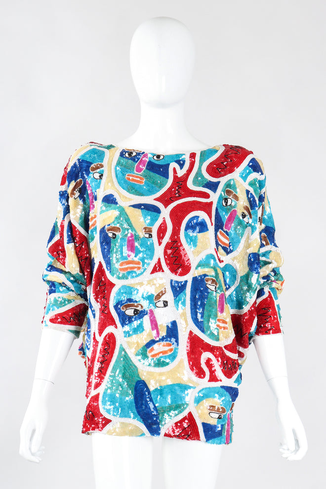 Recess Los Angeles Designer Consignment Vintage Chanson D'Amour Abstract Sequined Faces Dolman Tunic