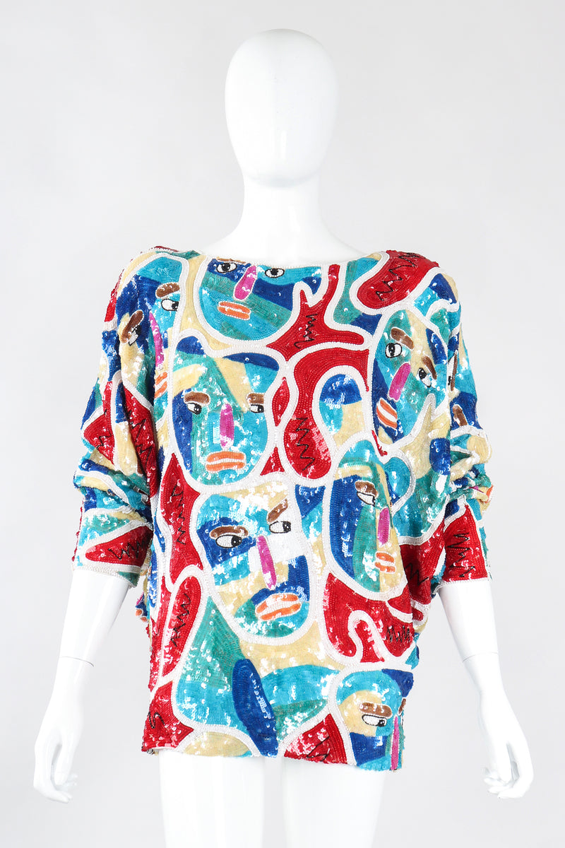 Recess Los Angeles Designer Consignment Vintage Chanson D'Amour Abstract Sequined Faces Dolman Tunic