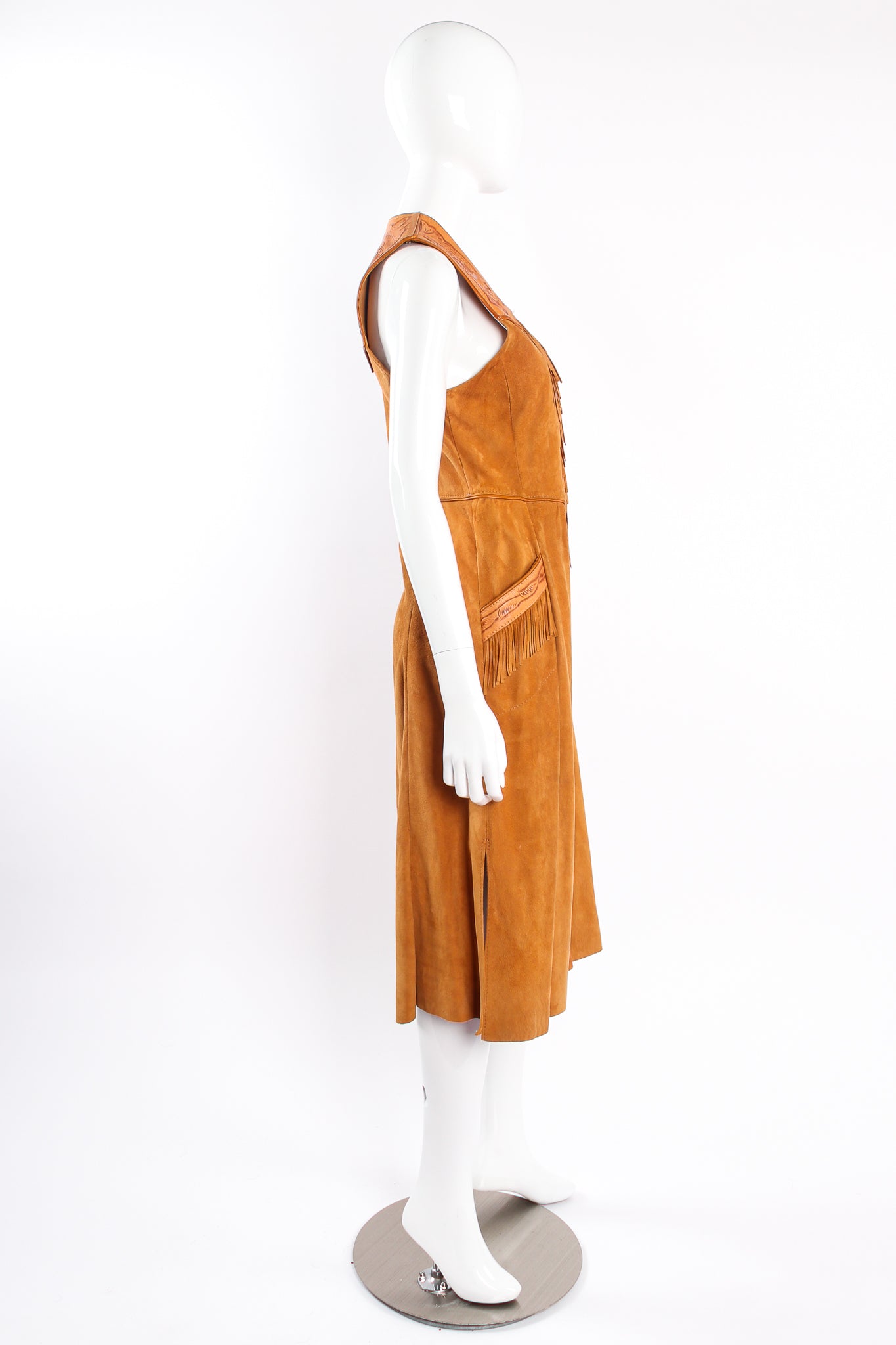 Vintage Char & Sher Designs Suede Tassel Vest Overcoat on mannequin side @ Recess LA