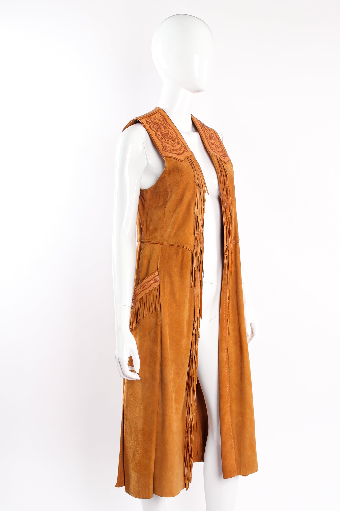 Vintage Char & Sher Designs Suede Tassel Vest Overcoat mannequin angle @ Recess LA