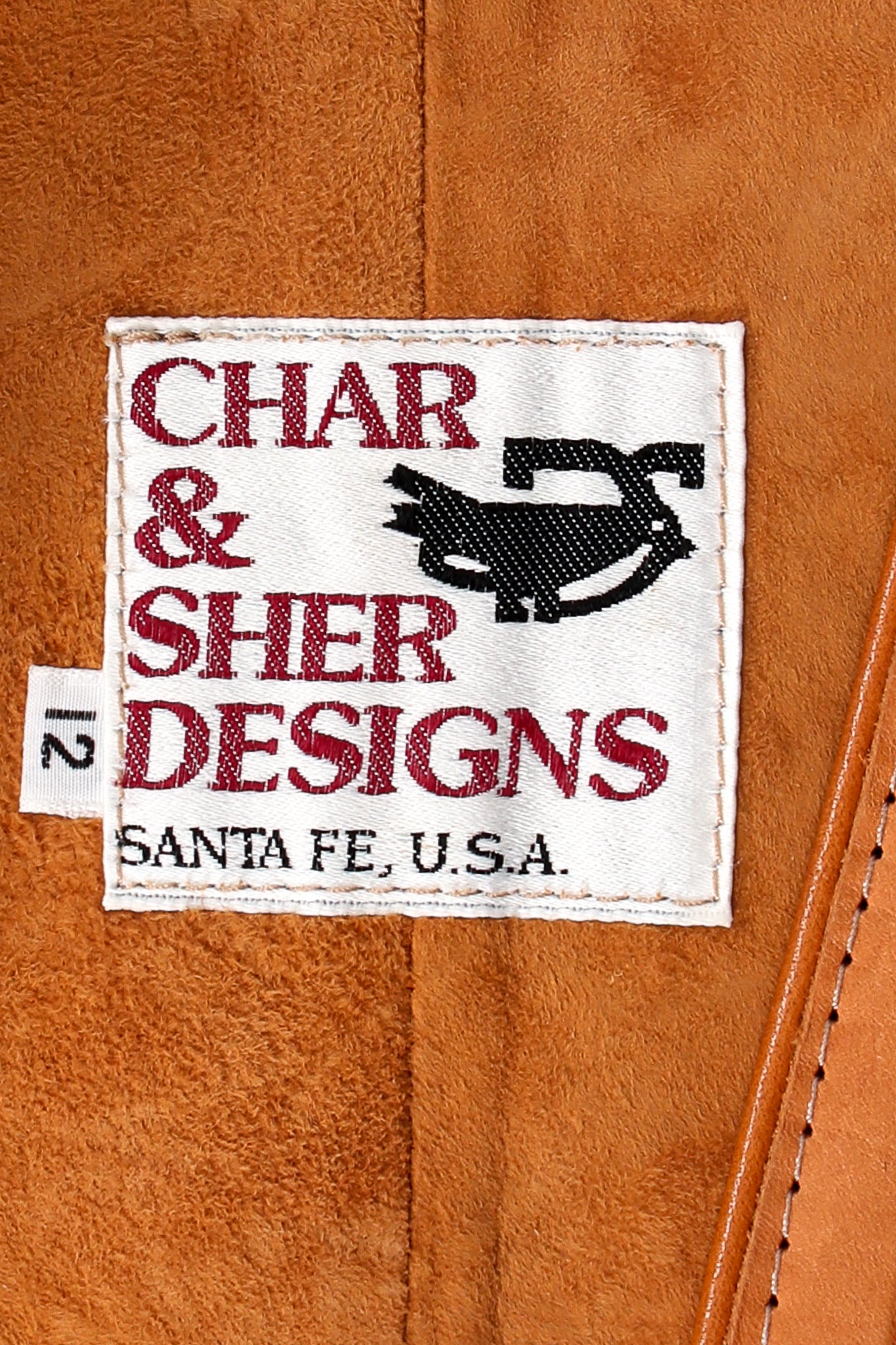 Vintage Char & Sher Designs Suede Tassel Vest Overcoat brand label on coat @ Recess LA