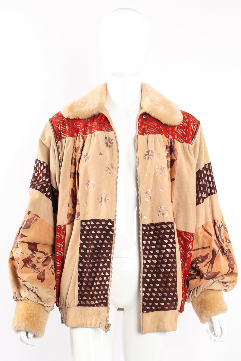 Vintage Char & Sher Suede Patchwork Bomber Jacket on Mannequin front open at Recess Los Angeles