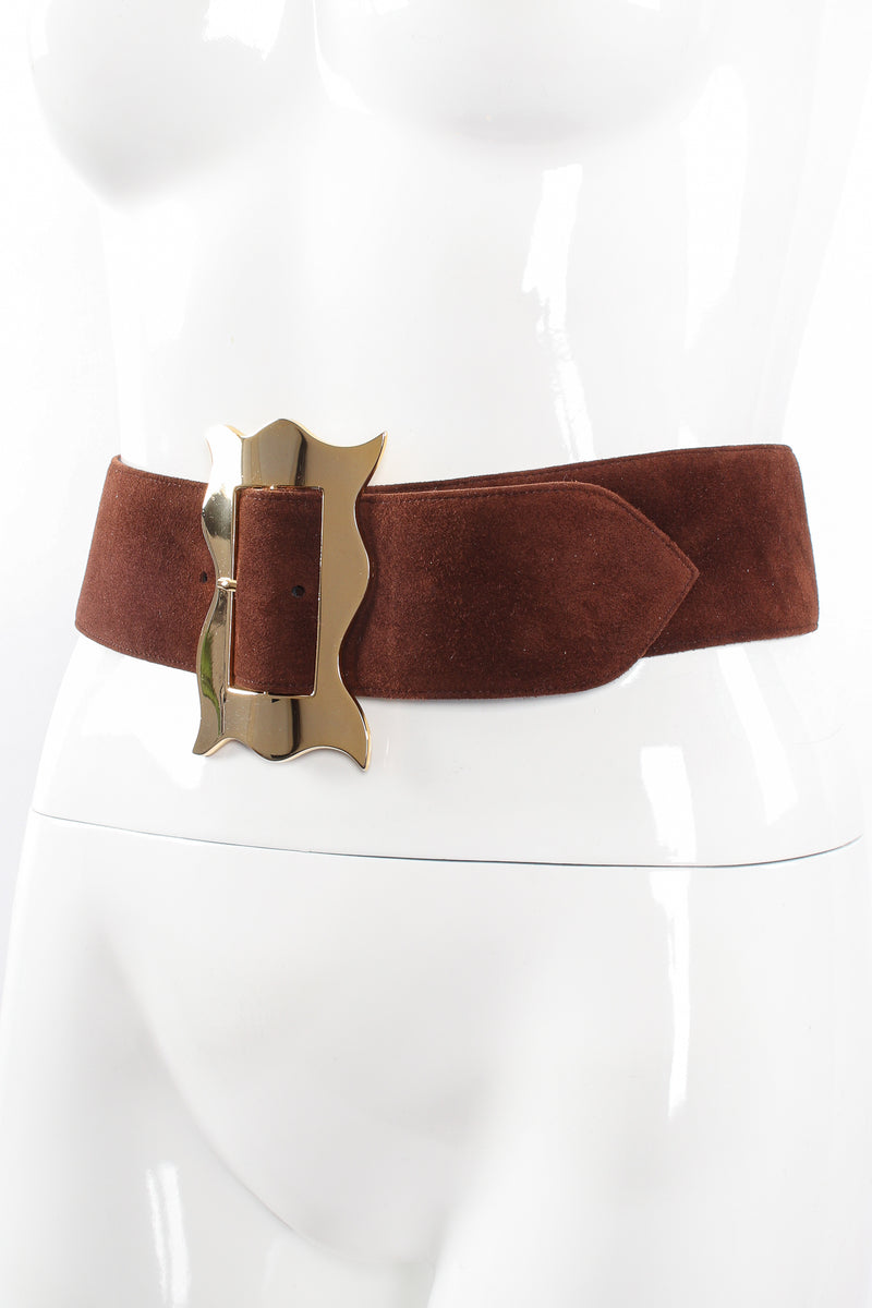 Vintage Charles Jourdan Wavy Frame Buckle Suede Belt on mannequin at Recess Los Angeles