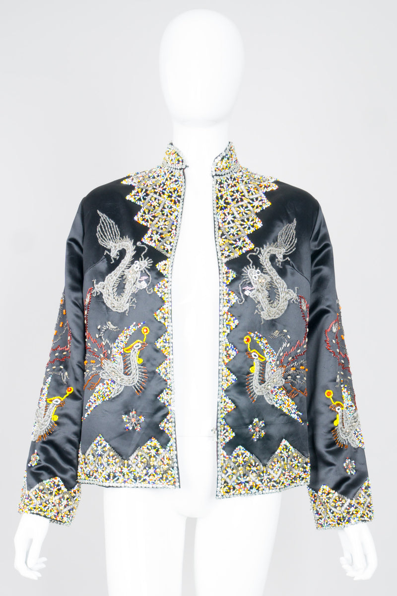 Vintage British Hong Kong Beaded Phoenix Silk Satin Zip Jacket
