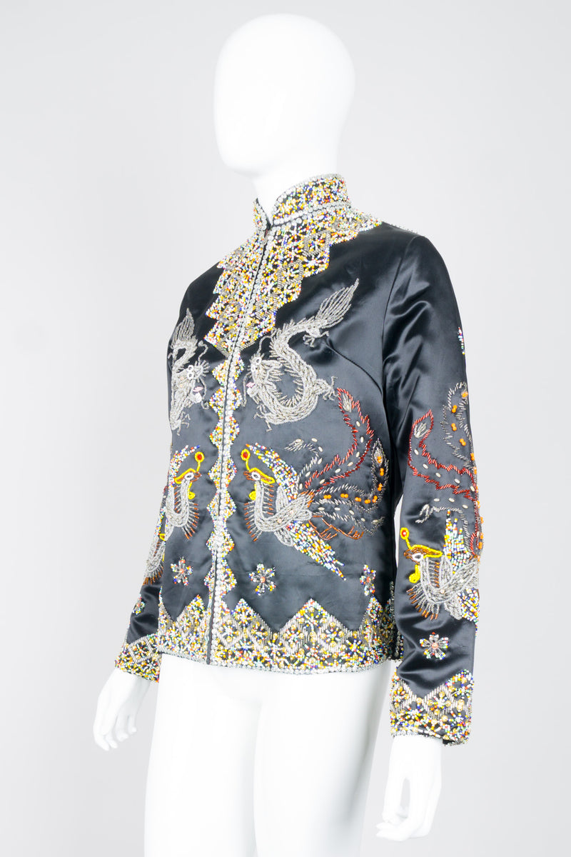 Vintage British Hong Kong Beaded Phoenix Silk Satin Zip Jacket