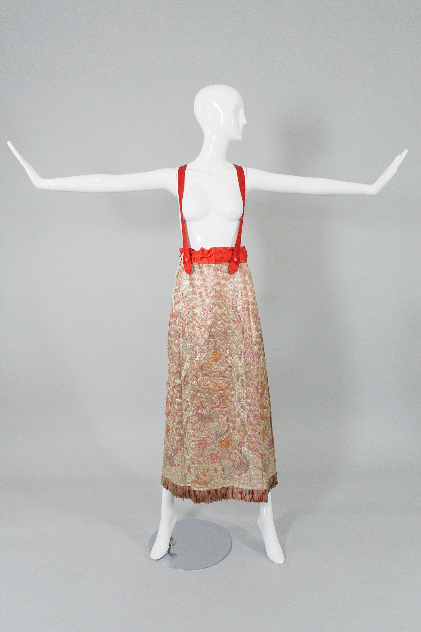 Chinese Metal Embroidered Dragon & Phoenix Vintage Skirt on Mannequin at Recess LA