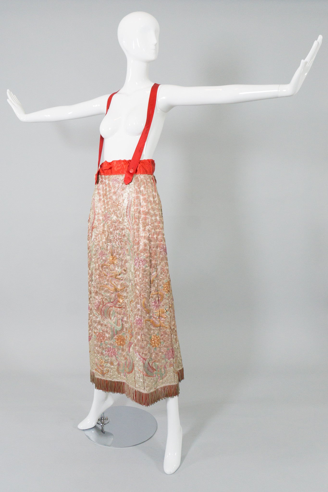 Chinese Metal Embroidered Dragon & Phoenix Vintage Skirt on Mannequin angle at Recess LA