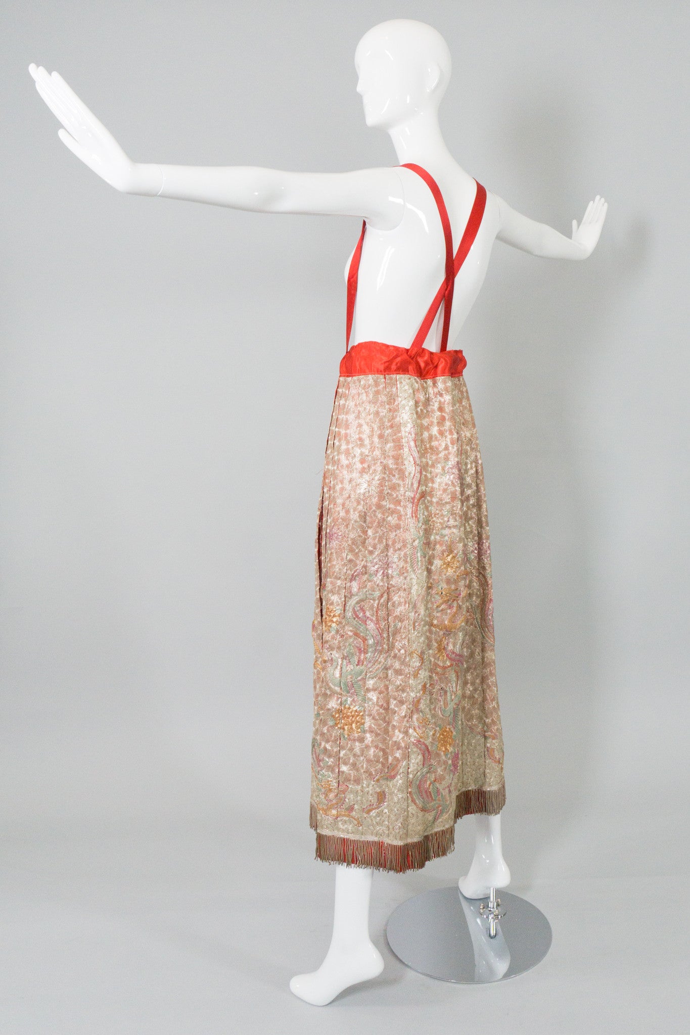 Chinese Metal Embroidered Dragon & Phoenix Vintage Skirt on Mannequin back at Recess LA
