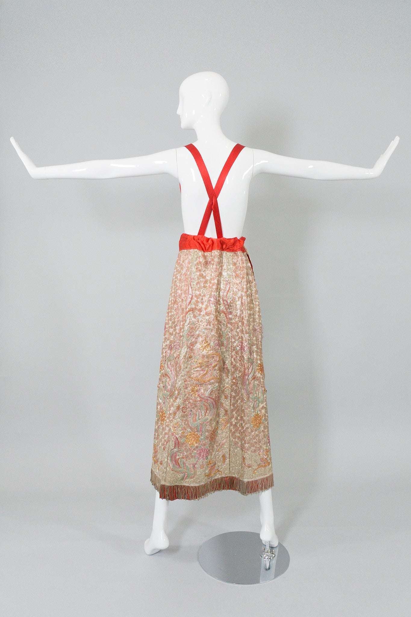 Chinese Metal Embroidered Dragon & Phoenix Vintage Skirt on Mannequin back at Recess LA