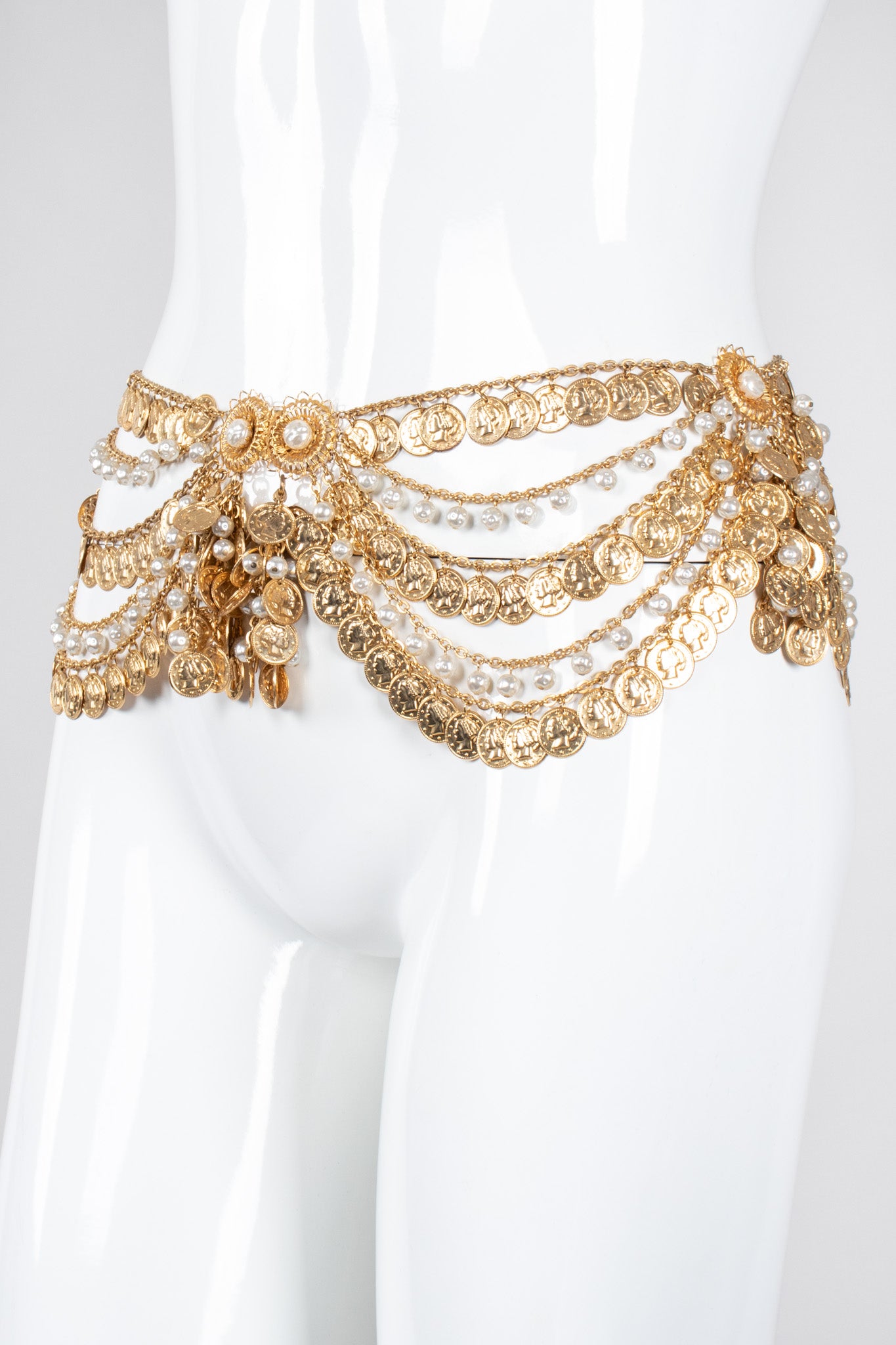 Recess Los Angeles Vintage Unsigned Belly Dance Draped Coin Pearl Chain Belt