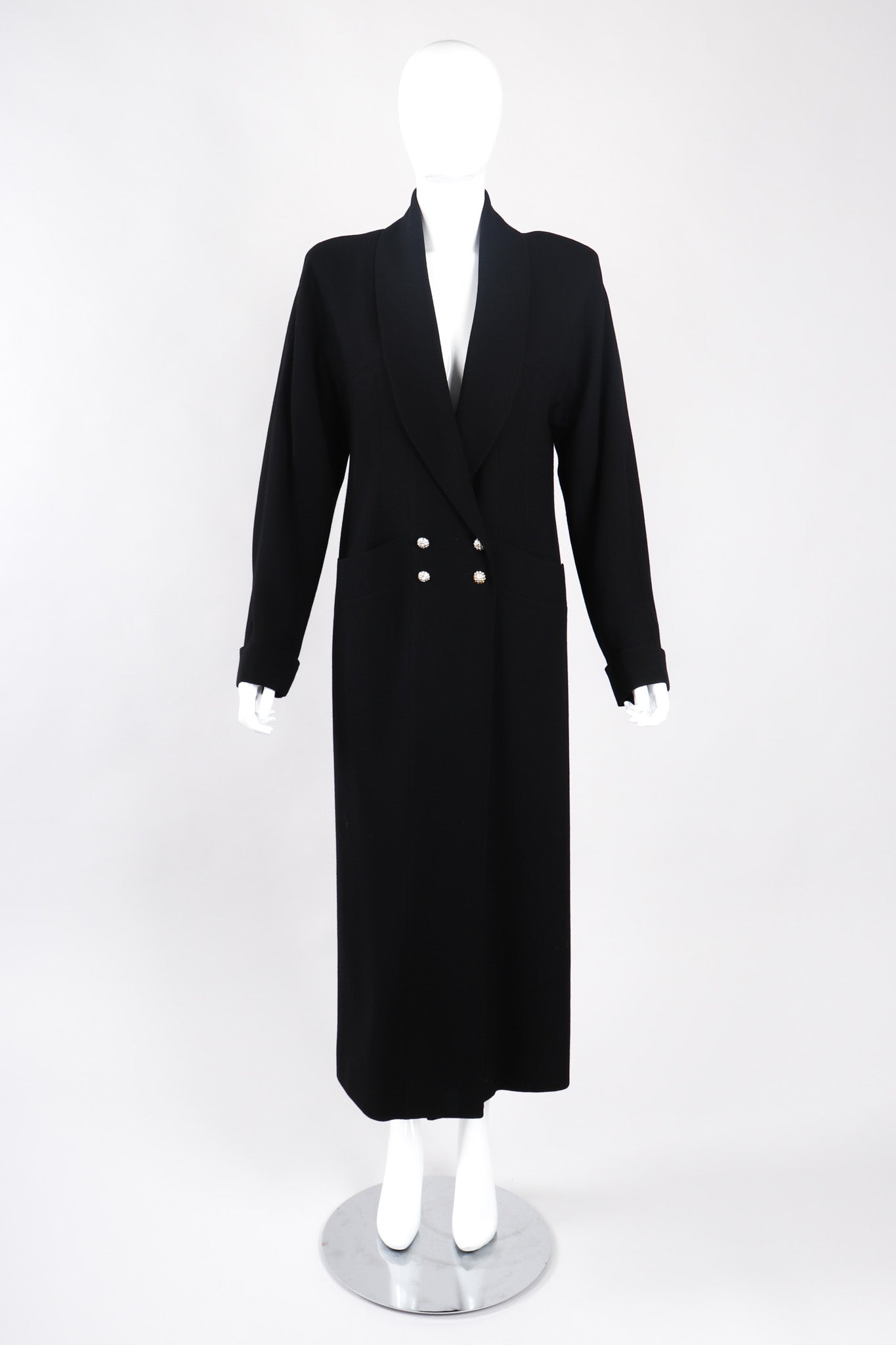 Recess Los Angeles Vintage Chloe Long Black Duster Double Breasted Coat Clean Lined Shawl Collar Cuffed Sleeves Rhinestone Buttons