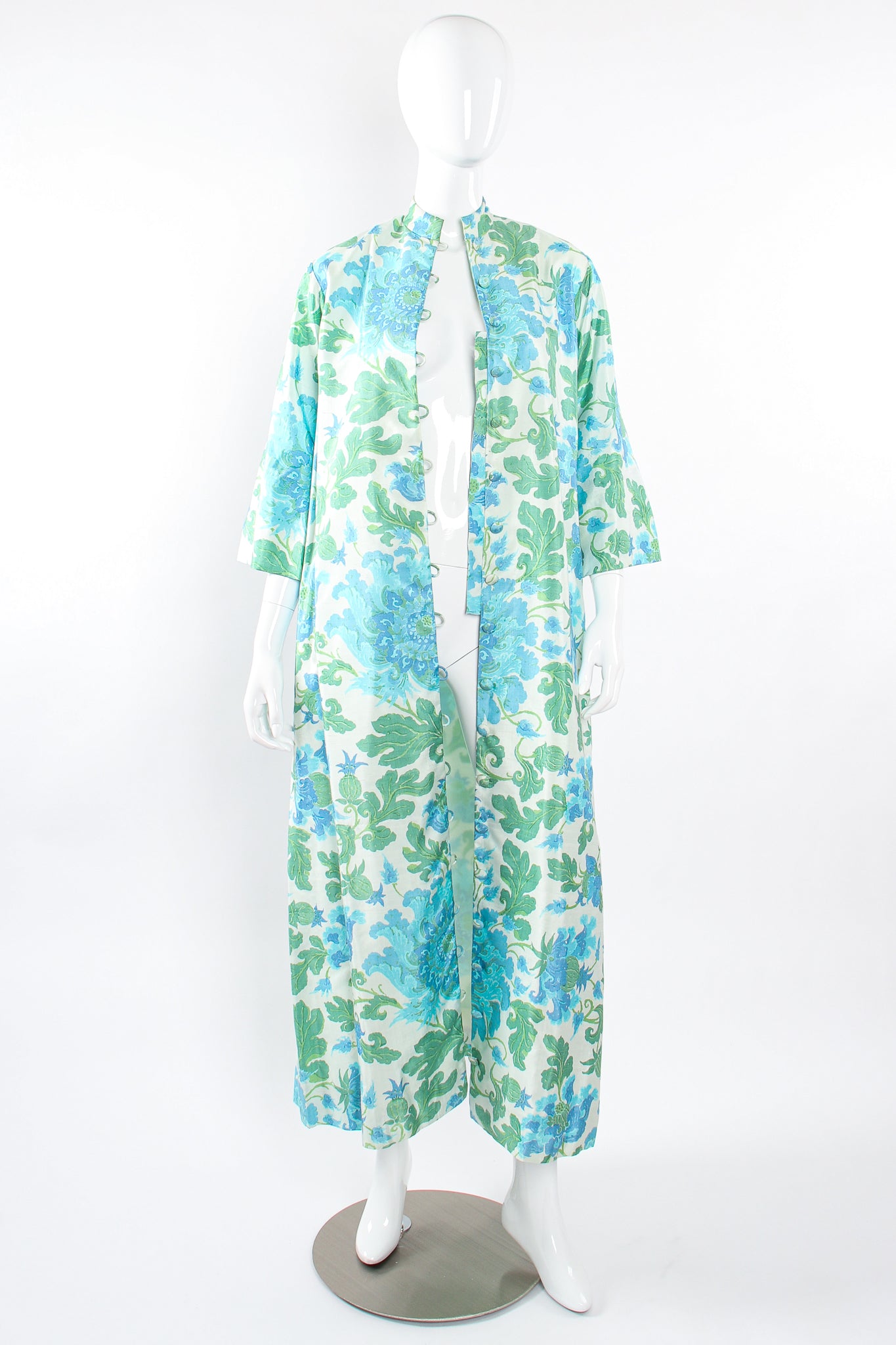 Vintage Choisy Floral Raw Silk Duster Coat on Mannequin open at Recess Los Angeles