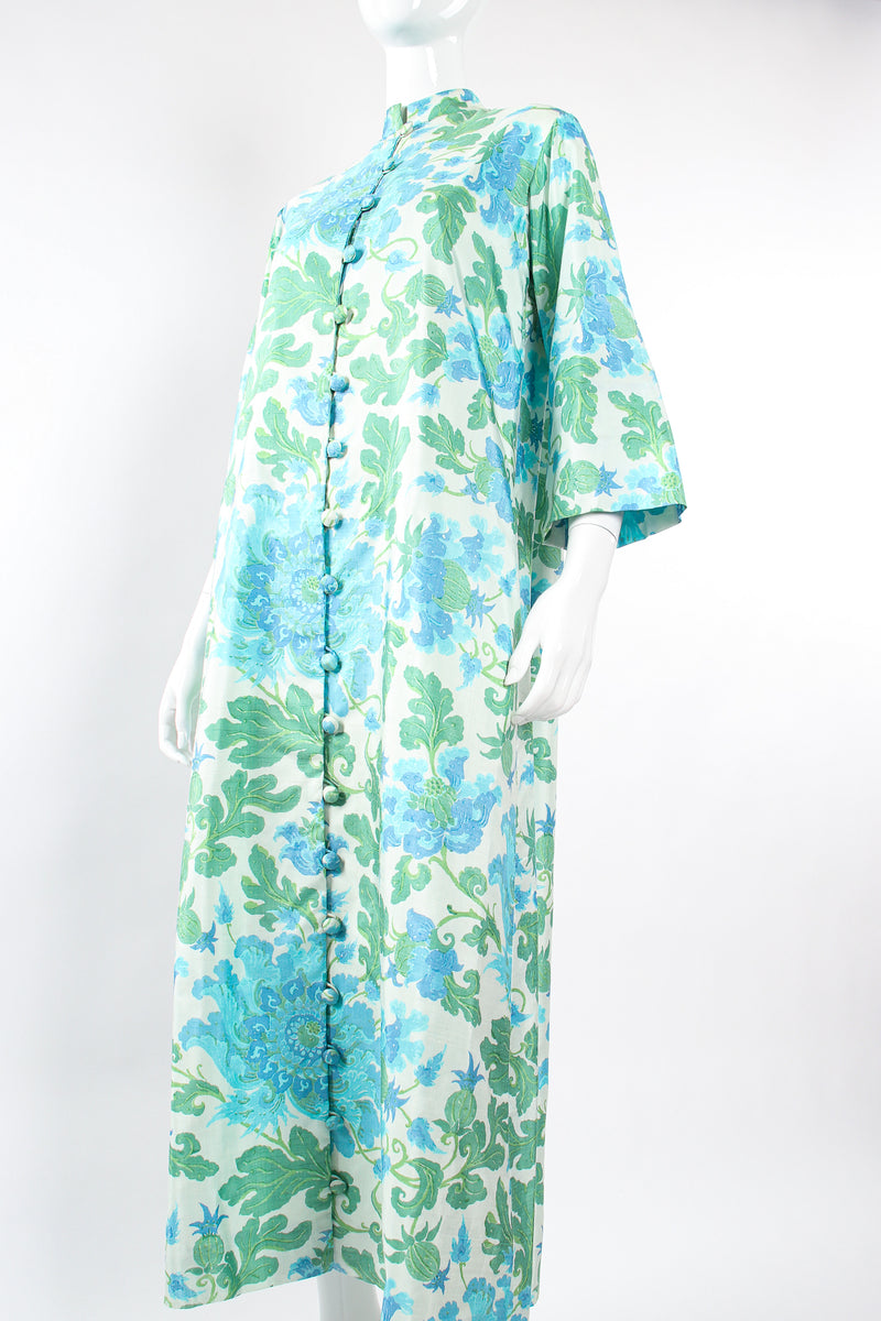 Vintage Choisy Floral Raw Silk Duster Coat on Mannequin angle at Recess Los Angeles
