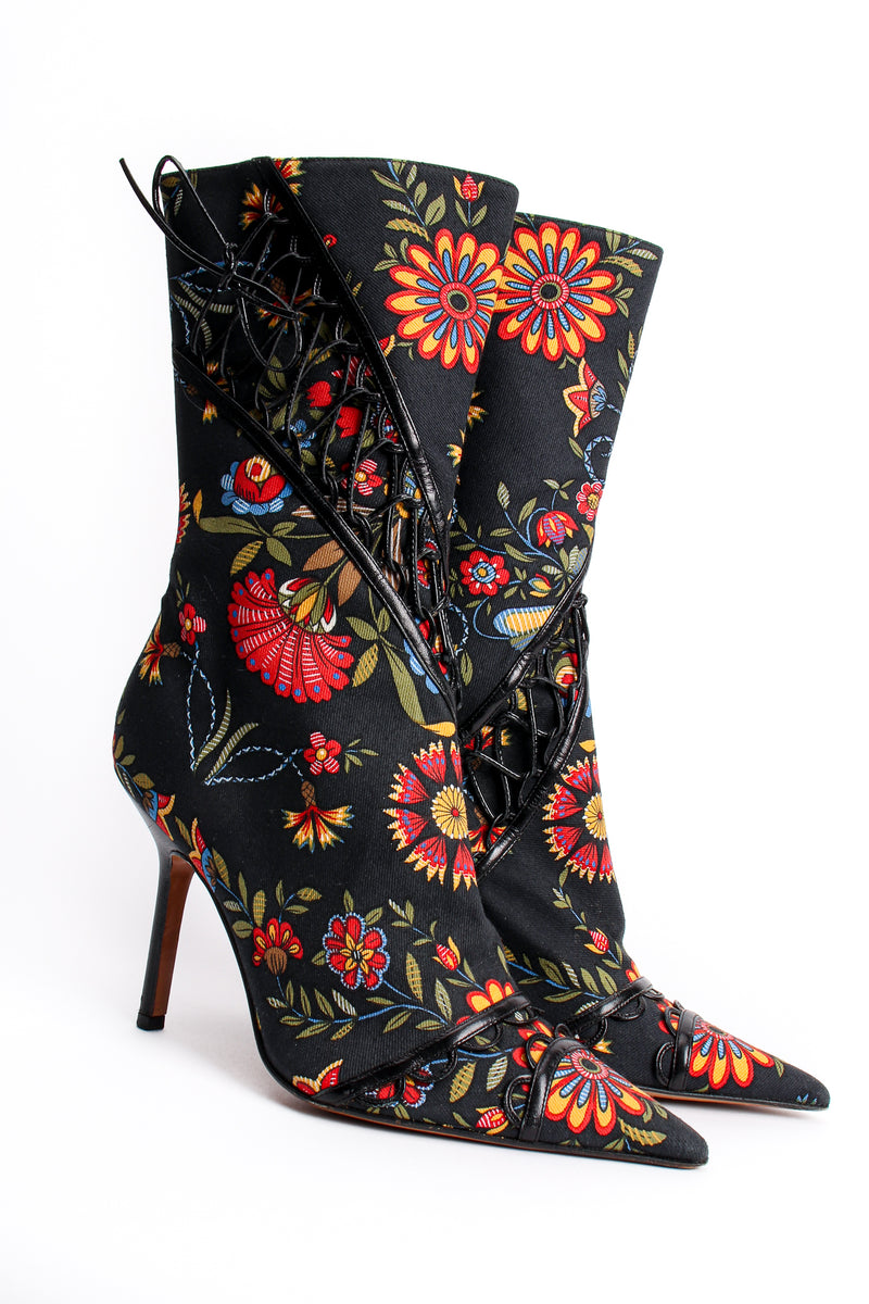 Vintage Christian Dior Floral Print Stiletto Boots angle at Recess Los Angeles
